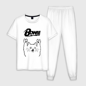 Мужская пижама хлопок с принтом David Bowie   rock cat в Кировске, 100% хлопок | брюки и футболка прямого кроя, без карманов, на брюках мягкая резинка на поясе и по низу штанин
 | 