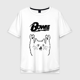 Мужская футболка хлопок Oversize с принтом David Bowie   rock cat в Санкт-Петербурге, 100% хлопок | свободный крой, круглый ворот, “спинка” длиннее передней части | 