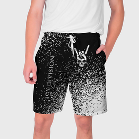 Мужские шорты 3D с принтом Joy Division и рок символ на темном фоне ,  полиэстер 100% | прямой крой, два кармана без застежек по бокам. Мягкая трикотажная резинка на поясе, внутри которой широкие завязки. Длина чуть выше колен | 