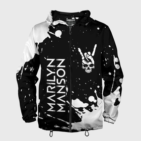 Мужская ветровка 3D с принтом Marilyn Manson и рок символ на темном фоне в Белгороде, 100% полиэстер | подол и капюшон оформлены резинкой с фиксаторами, два кармана без застежек по бокам, один потайной карман на груди | Тематика изображения на принте: 
