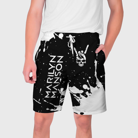 Мужские шорты 3D с принтом Marilyn Manson и рок символ на темном фоне в Петрозаводске,  полиэстер 100% | прямой крой, два кармана без застежек по бокам. Мягкая трикотажная резинка на поясе, внутри которой широкие завязки. Длина чуть выше колен | 