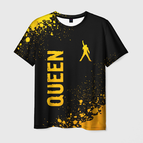 Мужская футболка 3D с принтом Queen   gold gradient: надпись, символ в Курске, 100% полиэфир | прямой крой, круглый вырез горловины, длина до линии бедер | Тематика изображения на принте: 
