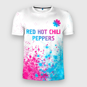Мужская футболка 3D Slim с принтом Red Hot Chili Peppers neon gradient style: символ сверху в Белгороде, 100% полиэстер с улучшенными характеристиками | приталенный силуэт, круглая горловина, широкие плечи, сужается к линии бедра | Тематика изображения на принте: 