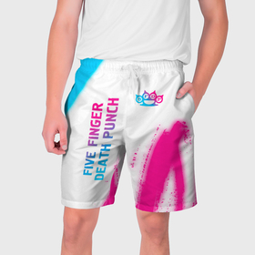 Мужские шорты 3D с принтом Five Finger Death Punch neon gradient style: надпись, символ в Тюмени,  полиэстер 100% | прямой крой, два кармана без застежек по бокам. Мягкая трикотажная резинка на поясе, внутри которой широкие завязки. Длина чуть выше колен | 