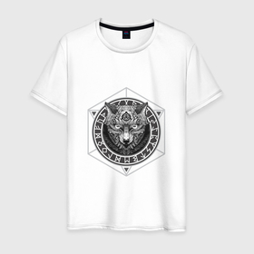 Мужская футболка хлопок с принтом оберег волк в руническом круге в Санкт-Петербурге, 100% хлопок | прямой крой, круглый вырез горловины, длина до линии бедер, слегка спущенное плечо. | 