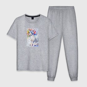 Мужская пижама хлопок с принтом Кот сфинкс с цветами акварель в Кировске, 100% хлопок | брюки и футболка прямого кроя, без карманов, на брюках мягкая резинка на поясе и по низу штанин
 | 
