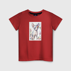 Детская футболка хлопок с принтом Кот породы сфинкс в цветах акварель , 100% хлопок | круглый вырез горловины, полуприлегающий силуэт, длина до линии бедер | 