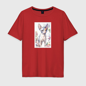 Мужская футболка хлопок Oversize с принтом Кот породы сфинкс в цветах акварель в Курске, 100% хлопок | свободный крой, круглый ворот, “спинка” длиннее передней части | 