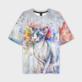 Мужская футболка oversize 3D с принтом Сфинкс кот и цветы акварель в Екатеринбурге,  |  | 