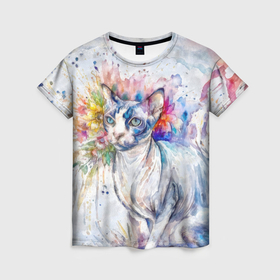 Женская футболка 3D с принтом Сфинкс кот и цветы акварель в Новосибирске, 100% полиэфир ( синтетическое хлопкоподобное полотно) | прямой крой, круглый вырез горловины, длина до линии бедер | 