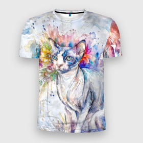 Мужская футболка 3D Slim с принтом Сфинкс кот и цветы акварель в Курске, 100% полиэстер с улучшенными характеристиками | приталенный силуэт, круглая горловина, широкие плечи, сужается к линии бедра | Тематика изображения на принте: 