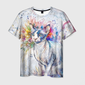 Мужская футболка 3D с принтом Сфинкс кот и цветы акварель в Курске, 100% полиэфир | прямой крой, круглый вырез горловины, длина до линии бедер | Тематика изображения на принте: 