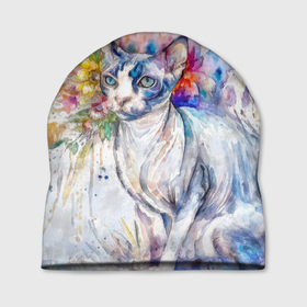 Шапка 3D с принтом Сфинкс кот и цветы акварель в Курске, 100% полиэстер | универсальный размер, печать по всей поверхности изделия | Тематика изображения на принте: 