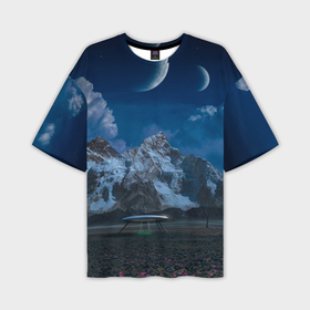 Мужская футболка oversize 3D с принтом Ночные горы в природе и небо с нло в Санкт-Петербурге,  |  | Тематика изображения на принте: 