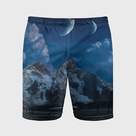 Мужские шорты спортивные с принтом Ночные горы в природе и небо с нло в Новосибирске,  |  | 