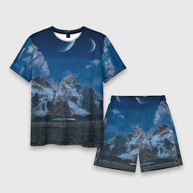 Мужской костюм с шортами 3D с принтом Ночные горы в природе и небо с нло в Санкт-Петербурге,  |  | Тематика изображения на принте: 