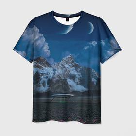 Мужская футболка 3D с принтом Ночные горы в природе и небо с нло в Курске, 100% полиэфир | прямой крой, круглый вырез горловины, длина до линии бедер | 