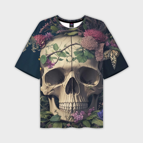 Мужская футболка oversize 3D с принтом Скелет c цветами в Санкт-Петербурге,  |  | 