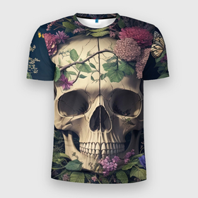 Мужская футболка 3D Slim с принтом Скелет c цветами в Санкт-Петербурге, 100% полиэстер с улучшенными характеристиками | приталенный силуэт, круглая горловина, широкие плечи, сужается к линии бедра | 