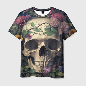 Мужская футболка 3D с принтом Скелет c цветами в Санкт-Петербурге, 100% полиэфир | прямой крой, круглый вырез горловины, длина до линии бедер | 