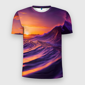 Мужская футболка 3D Slim с принтом Закат над пурпурными волнами в Кировске, 100% полиэстер с улучшенными характеристиками | приталенный силуэт, круглая горловина, широкие плечи, сужается к линии бедра | 