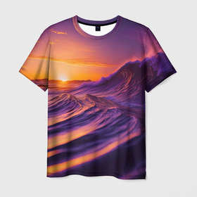 Мужская футболка 3D с принтом Закат над пурпурными волнами в Курске, 100% полиэфир | прямой крой, круглый вырез горловины, длина до линии бедер | Тематика изображения на принте: 