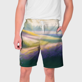 Мужские шорты 3D с принтом Утро на цветочной поляне в Ухте,  полиэстер 100% | прямой крой, два кармана без застежек по бокам. Мягкая трикотажная резинка на поясе, внутри которой широкие завязки. Длина чуть выше колен | 