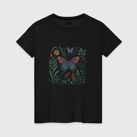 Женская футболка хлопок с принтом Бабочки и растения в Рязани, 100% хлопок | прямой крой, круглый вырез горловины, длина до линии бедер, слегка спущенное плечо | 