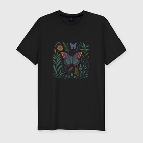 Мужская футболка хлопок Slim с принтом Бабочки и растения в Тюмени, 92% хлопок, 8% лайкра | приталенный силуэт, круглый вырез ворота, длина до линии бедра, короткий рукав | 
