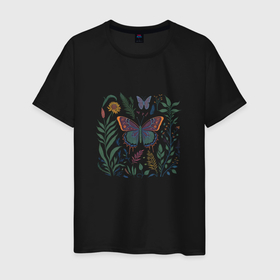 Мужская футболка хлопок с принтом Бабочки и растения в Тюмени, 100% хлопок | прямой крой, круглый вырез горловины, длина до линии бедер, слегка спущенное плечо. | 