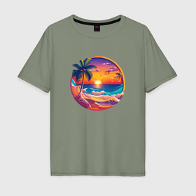 Мужская футболка хлопок Oversize с принтом Морской пляж на закате в Белгороде, 100% хлопок | свободный крой, круглый ворот, “спинка” длиннее передней части | Тематика изображения на принте: 