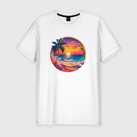Мужская футболка хлопок Slim с принтом Морской пляж на закате в Белгороде, 92% хлопок, 8% лайкра | приталенный силуэт, круглый вырез ворота, длина до линии бедра, короткий рукав | Тематика изображения на принте: 