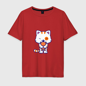 Мужская футболка хлопок Oversize с принтом Милый мультяшный кот с игрушкой в Кировске, 100% хлопок | свободный крой, круглый ворот, “спинка” длиннее передней части | Тематика изображения на принте: 