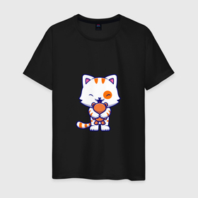 Мужская футболка хлопок с принтом Милый мультяшный кот с игрушкой в Кировске, 100% хлопок | прямой крой, круглый вырез горловины, длина до линии бедер, слегка спущенное плечо. | 