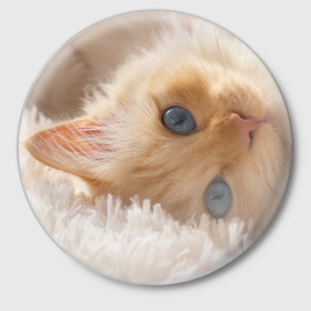 Значок с принтом Кошечка на мягком в Тюмени,  металл | круглая форма, металлическая застежка в виде булавки | Тематика изображения на принте: 