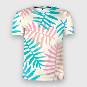 Мужская футболка 3D Slim с принтом Летний розово голубой папоротник в Петрозаводске, 100% полиэстер с улучшенными характеристиками | приталенный силуэт, круглая горловина, широкие плечи, сужается к линии бедра | 