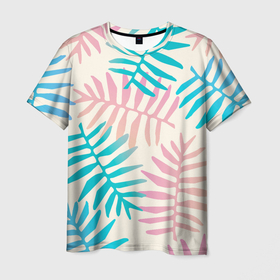 Мужская футболка 3D с принтом Летний розово голубой папоротник , 100% полиэфир | прямой крой, круглый вырез горловины, длина до линии бедер | 