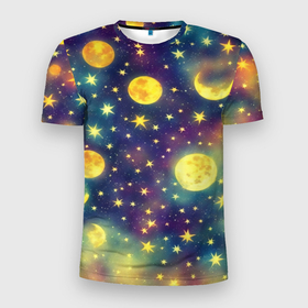 Мужская футболка 3D Slim с принтом Космос, Луна и Солнце. в Кировске, 100% полиэстер с улучшенными характеристиками | приталенный силуэт, круглая горловина, широкие плечи, сужается к линии бедра | 