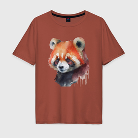 Мужская футболка хлопок Oversize с принтом Красная панда акварель в Екатеринбурге, 100% хлопок | свободный крой, круглый ворот, “спинка” длиннее передней части | 