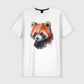Мужская футболка хлопок Slim с принтом Красная панда акварель в Белгороде, 92% хлопок, 8% лайкра | приталенный силуэт, круглый вырез ворота, длина до линии бедра, короткий рукав | 