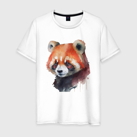 Мужская футболка хлопок с принтом Красная панда акварель в Екатеринбурге, 100% хлопок | прямой крой, круглый вырез горловины, длина до линии бедер, слегка спущенное плечо. | 