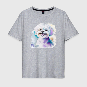 Мужская футболка хлопок Oversize с принтом Мальтипу собака улыбака акварель , 100% хлопок | свободный крой, круглый ворот, “спинка” длиннее передней части | 