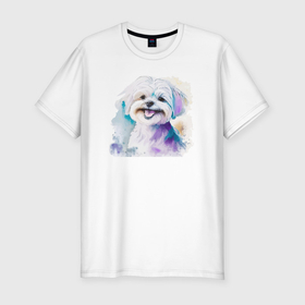 Мужская футболка хлопок Slim с принтом Мальтипу собака улыбака акварель в Петрозаводске, 92% хлопок, 8% лайкра | приталенный силуэт, круглый вырез ворота, длина до линии бедра, короткий рукав | Тематика изображения на принте: 