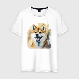 Мужская футболка хлопок с принтом Сибу ину собака улыбака в Новосибирске, 100% хлопок | прямой крой, круглый вырез горловины, длина до линии бедер, слегка спущенное плечо. | 