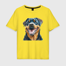 Мужская футболка хлопок Oversize с принтом Ротвейлер собака улыбака акварель , 100% хлопок | свободный крой, круглый ворот, “спинка” длиннее передней части | 