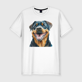 Мужская футболка хлопок Slim с принтом Ротвейлер собака улыбака акварель в Белгороде, 92% хлопок, 8% лайкра | приталенный силуэт, круглый вырез ворота, длина до линии бедра, короткий рукав | 