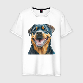 Мужская футболка хлопок с принтом Ротвейлер собака улыбака акварель , 100% хлопок | прямой крой, круглый вырез горловины, длина до линии бедер, слегка спущенное плечо. | 
