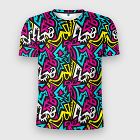 Мужская футболка 3D Slim с принтом Цветные зигзаги Colored zigzags в Петрозаводске, 100% полиэстер с улучшенными характеристиками | приталенный силуэт, круглая горловина, широкие плечи, сужается к линии бедра | Тематика изображения на принте: 