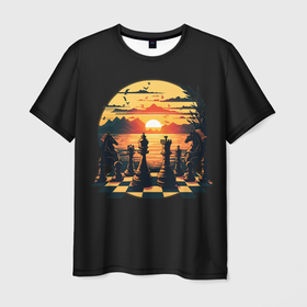 Мужская футболка 3D с принтом Шахматы любуются закатом , 100% полиэфир | прямой крой, круглый вырез горловины, длина до линии бедер | 