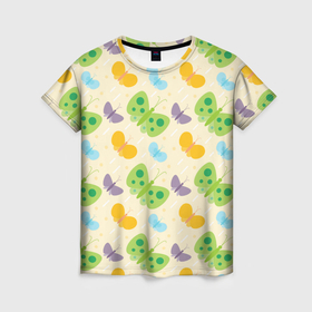 Женская футболка 3D с принтом Весенние бабочки , 100% полиэфир ( синтетическое хлопкоподобное полотно) | прямой крой, круглый вырез горловины, длина до линии бедер | 